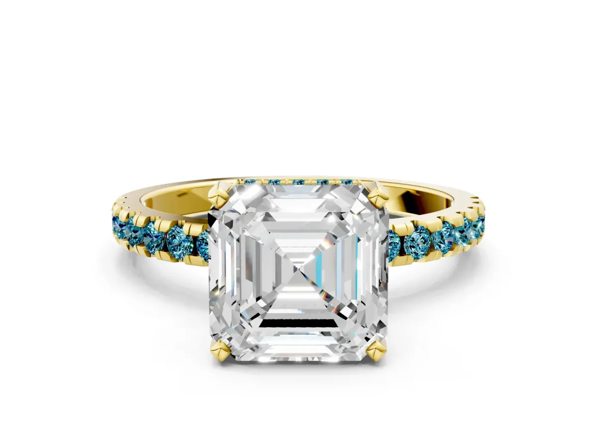Asscher Cut Diamond Solitaire Ring with Round Blue Topaz Pavé Band and Four-Prong Setting Yellow gold
