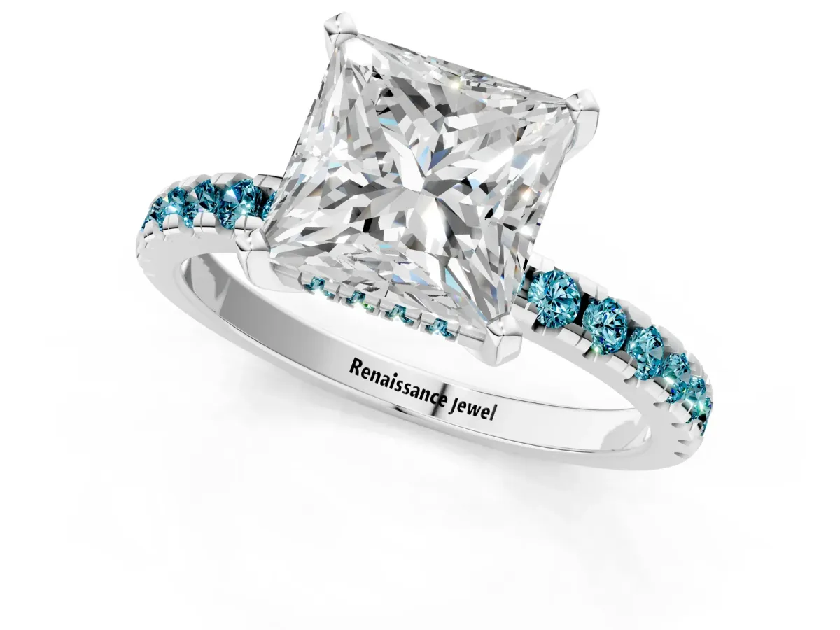 Princess Cut Diamond Solitaire Ring with Round Blue Topaz Pavé Band and Four-Prong Setting White gold