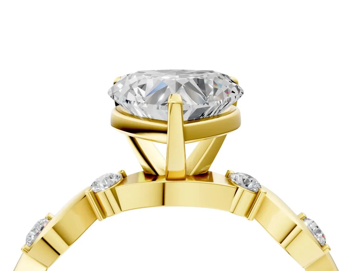 Heart Cut Diamond Solitaire Twisted Band with Round Accents and Prong Setting Yellow gold