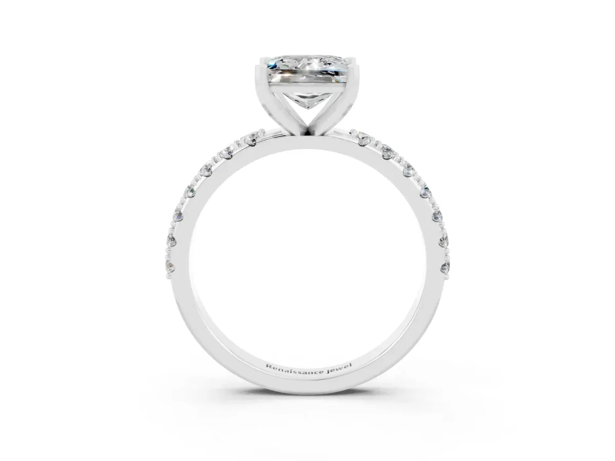 Princess Cut Moissanite Solitaire Pavé Band with Four-Prong Setting Silver