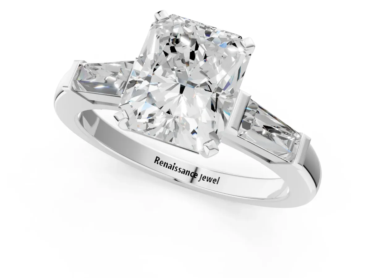 Radiant Cut Solitaire with Tapered Baguette Side Stones on a Classic Band with Four-Prong Setting Platinum