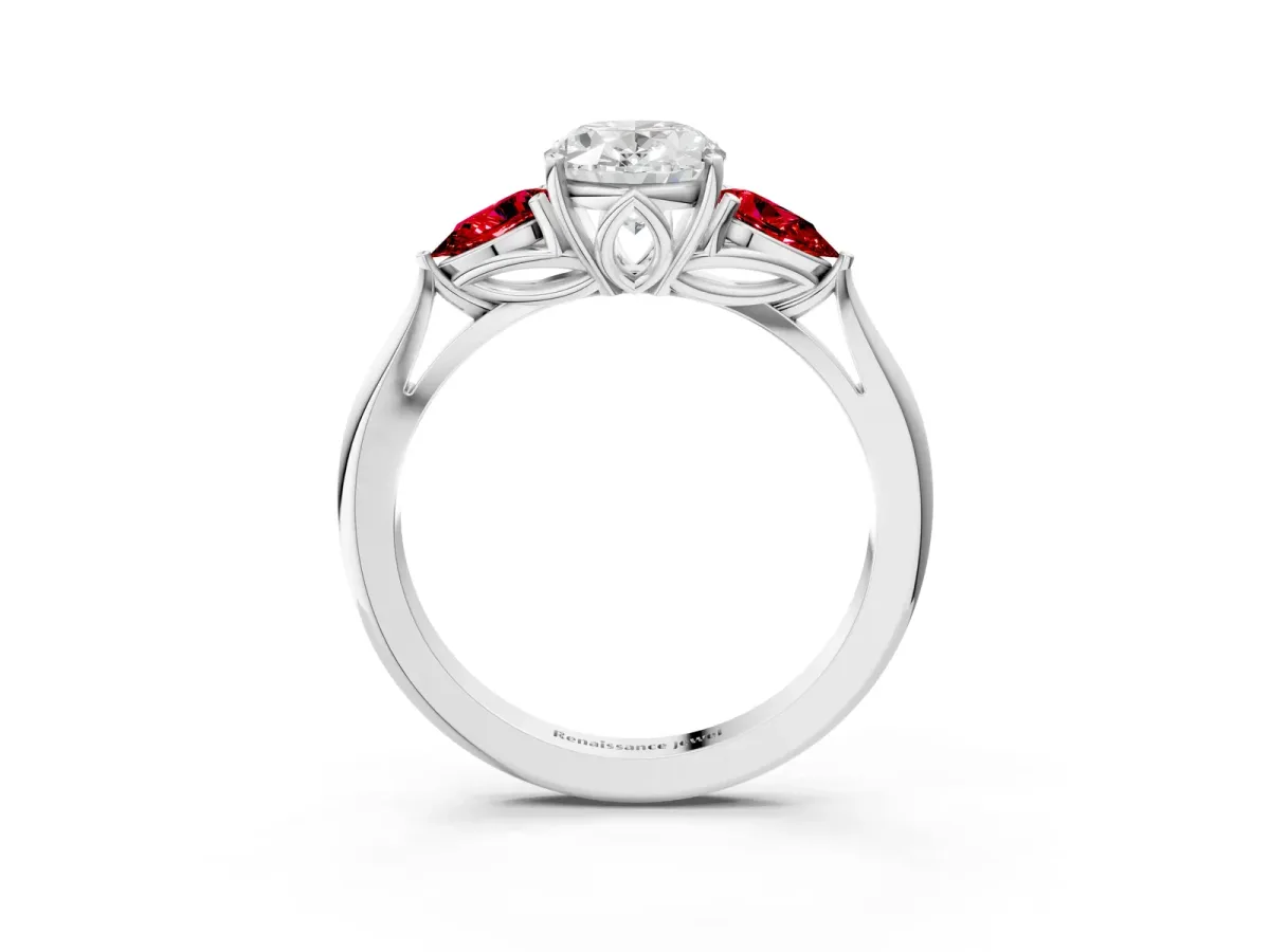 Oval Cut Diamond Three-Stone Ring with Pear Ruby Side Stones and Prong Setting White gold