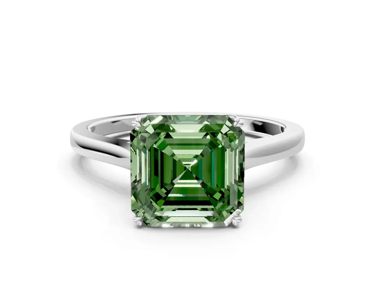 Fancy Green Asscher Cut Solitaire Heart Prong Engagement Ring with Tapered Band Platinum