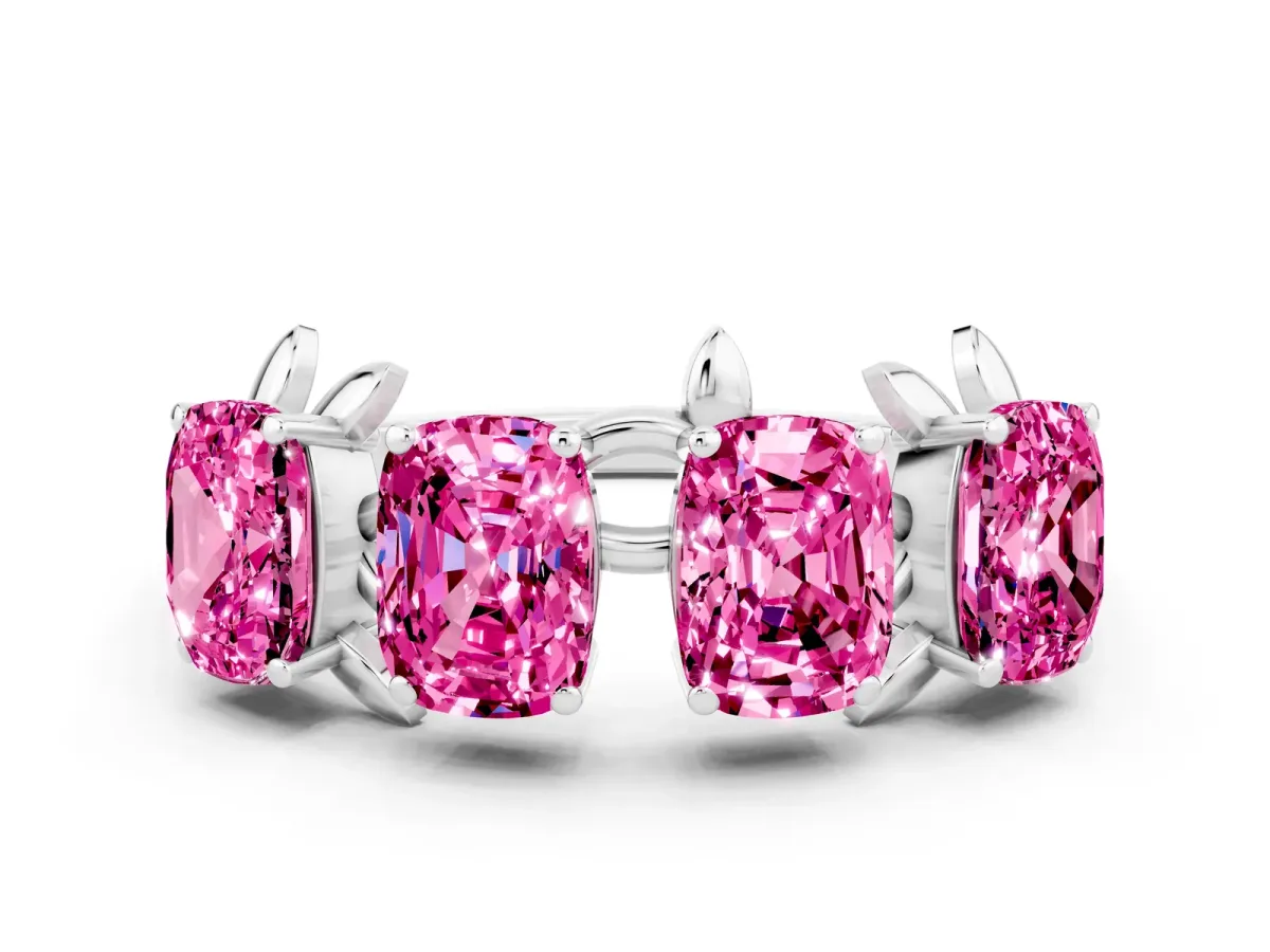 Four-Stone Elongated Cushion Pink Sapphire Band with Nature-Inspired Prong Setting White gold