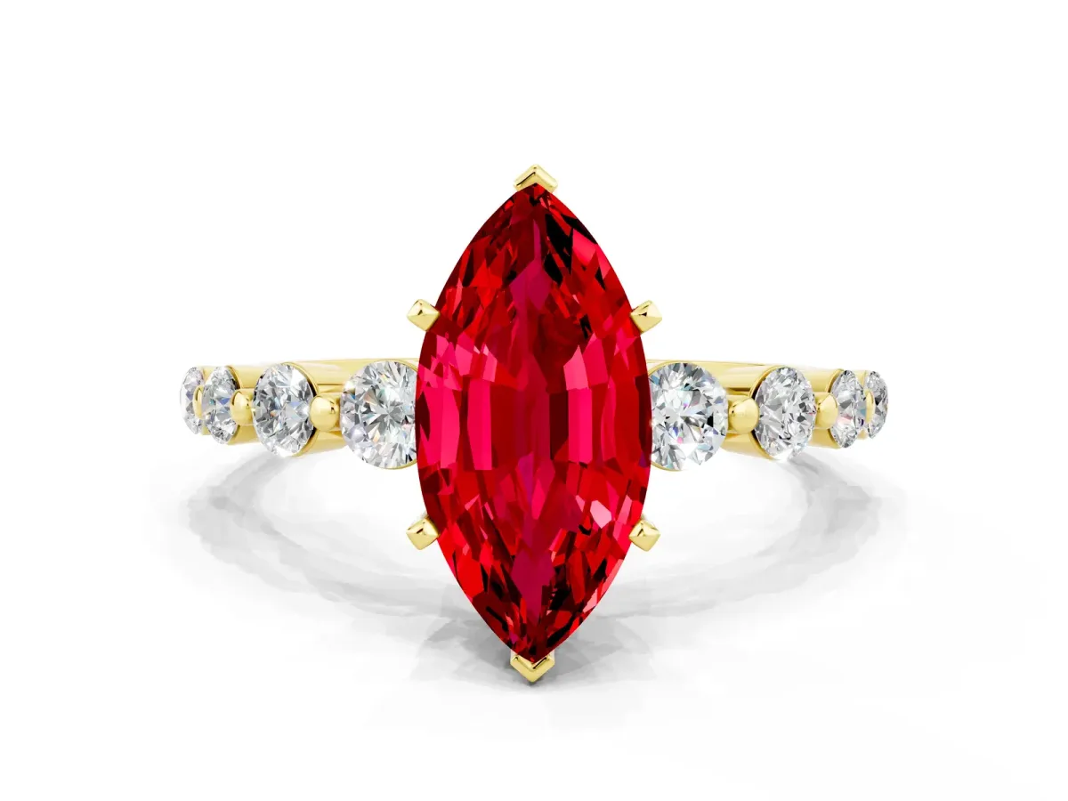 Marquise Cut Solitaire Ruby Ring with Pave Band and Four-Prong Setting Yellow gold