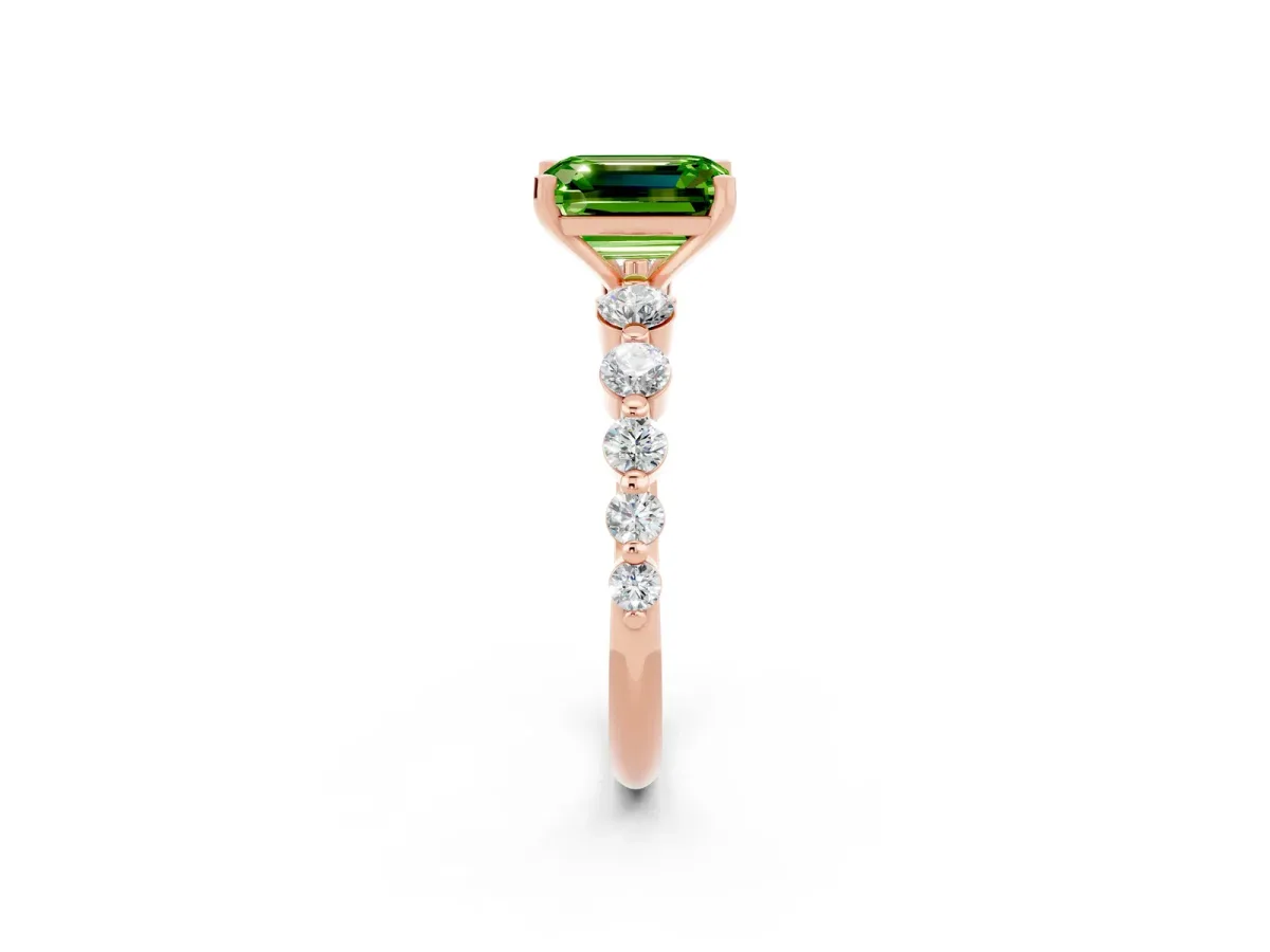 Emerald Cut Solitaire Peridot Ring with Pave Band and Four-Prong Setting Rose gold