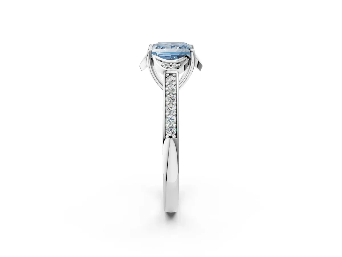 Fancy Blue Princess Cut Cut Halo Diamond Ring with Channel Set Band and Four-Prong Setting White gold