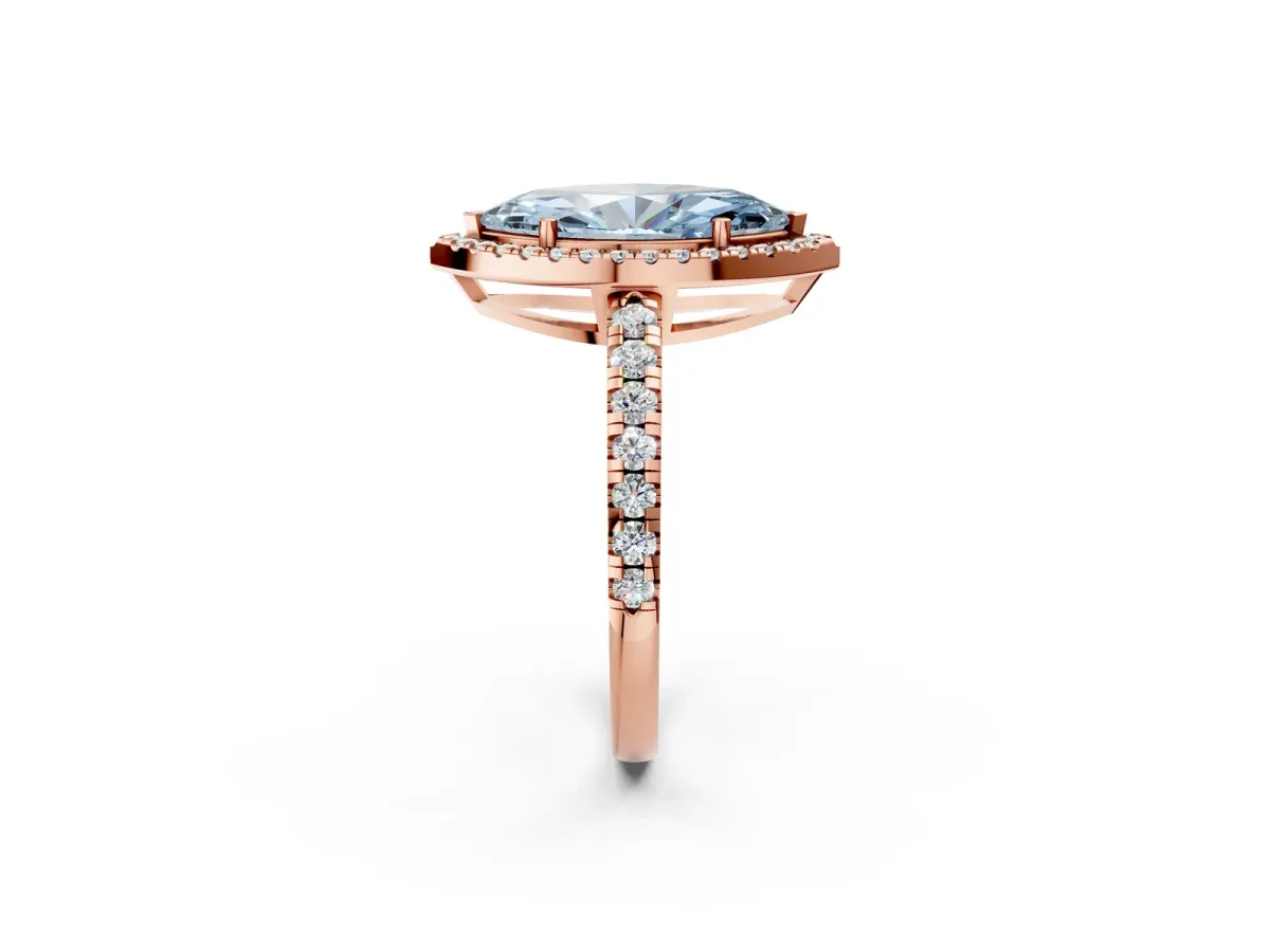 Fancy Blue Marquise Cut Diamond Halo Ring with Pavé Band and Four-Prong Setting Rose gold
