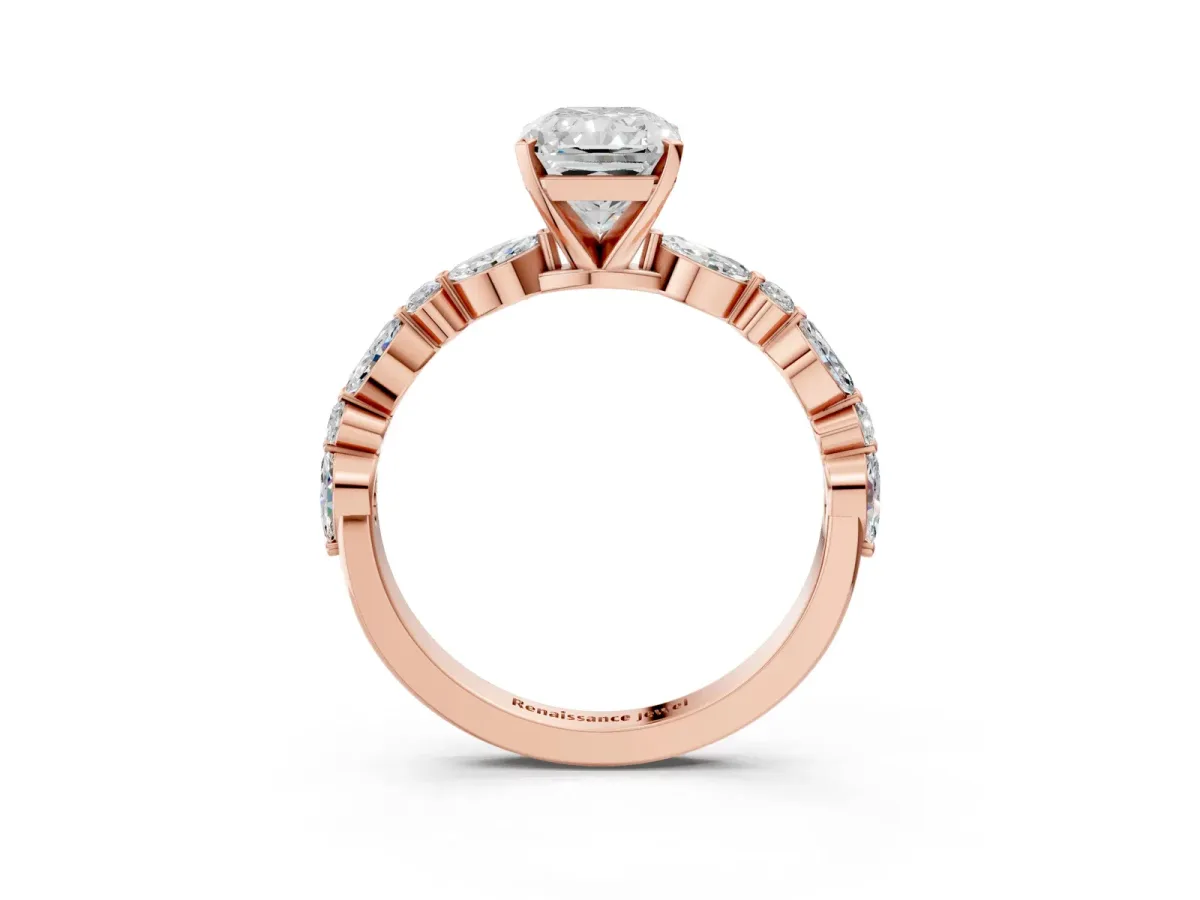 Radiant Cut Diamond Ring with Marquise and Round Side Stones and Four-Prong Setting Rose gold