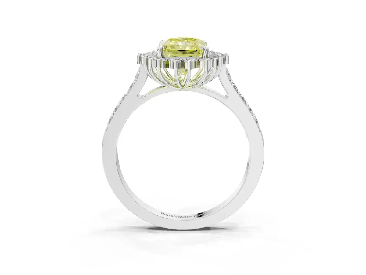Fancy Yellow Radiant Cut Cut Diamond Sunburst Halo Engagement Ring with Pavé Band Platinum