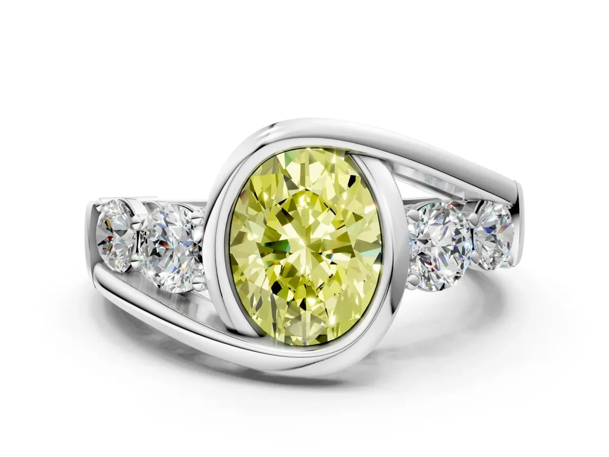 Fancy Yellow Bezel Set Oval Cut Diamond Bypass Ring with Round Accents Silver