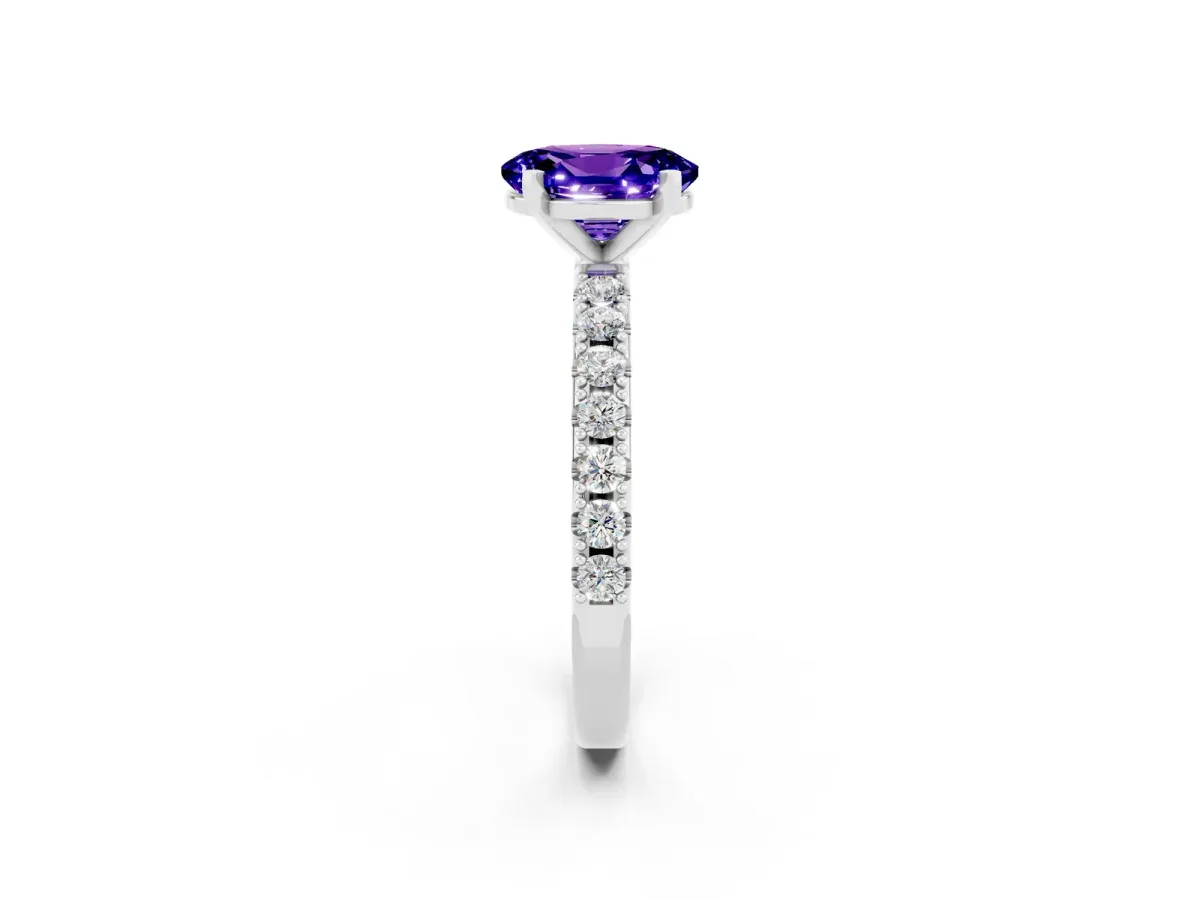 Oval Cut Tanzanite Solitaire Pavé Band with Four-Prong Setting Silver