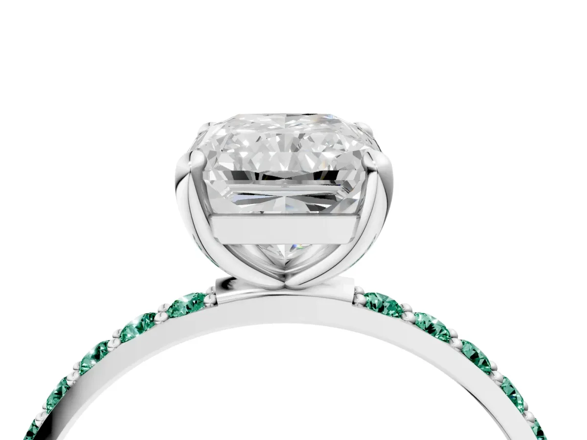 Radiant Cut Diamond Solitaire Ring with Round Green Sapphire Pavé Band and Prong Setting White gold