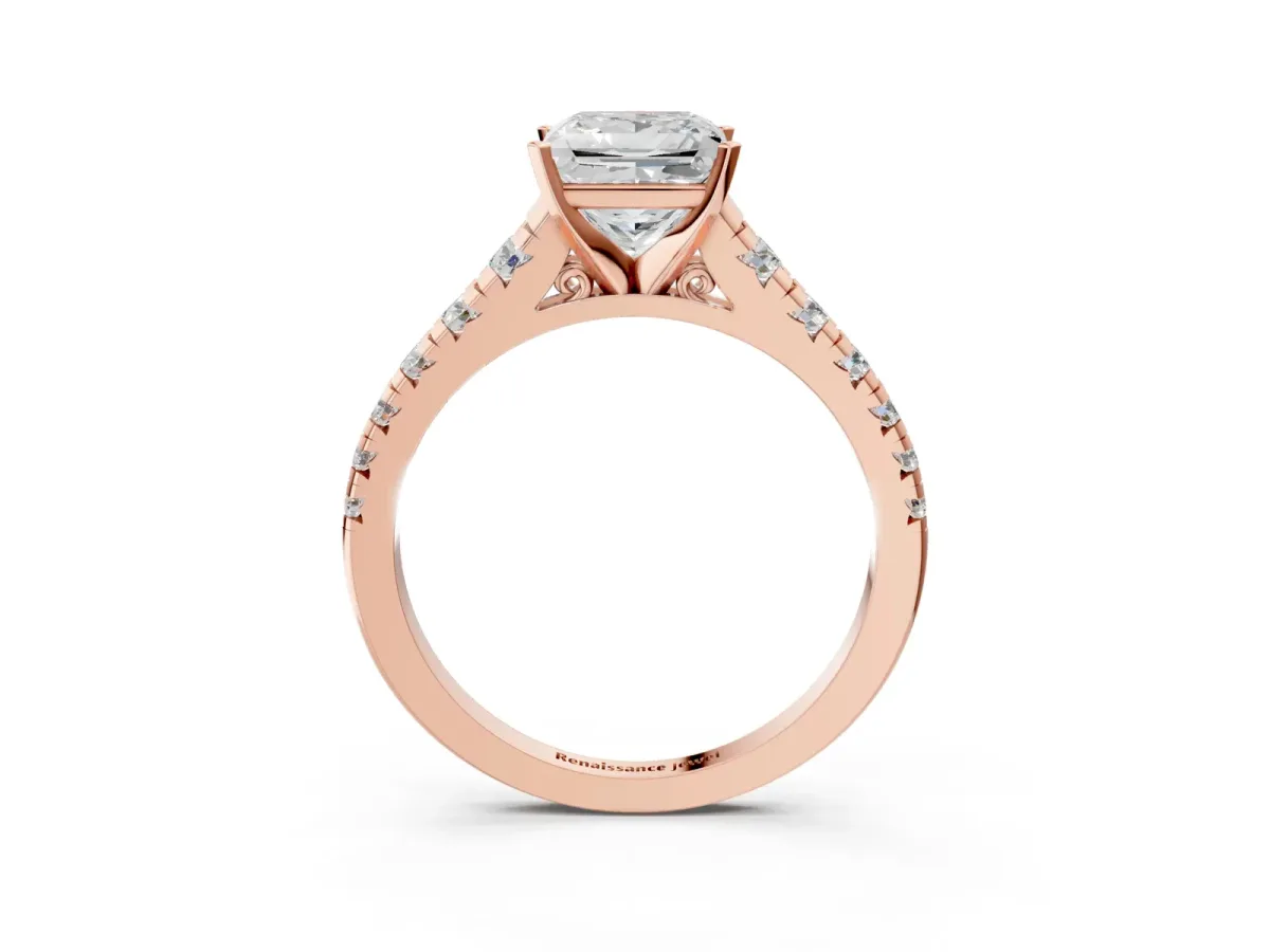 Princess Cut Diamond Cathedral Solitaire Ring with Round Moissanite Pavé Band Rose gold
