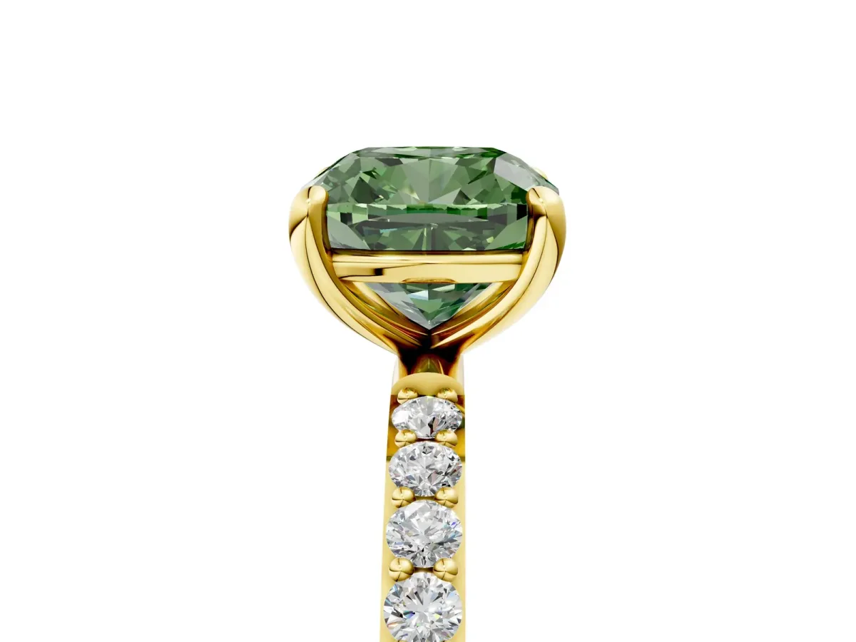 Fancy Green Cushion Cut Diamond Solitaire Ring with Round Pavé Band and Prong Setting Yellow gold