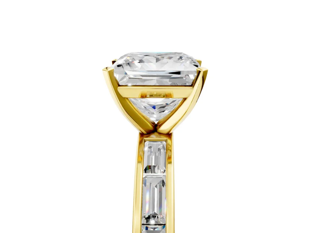 Princess Cut Solitaire Diamond Ring with Channel-Set Baguette Band and Four-Prong Setting Yellow gold