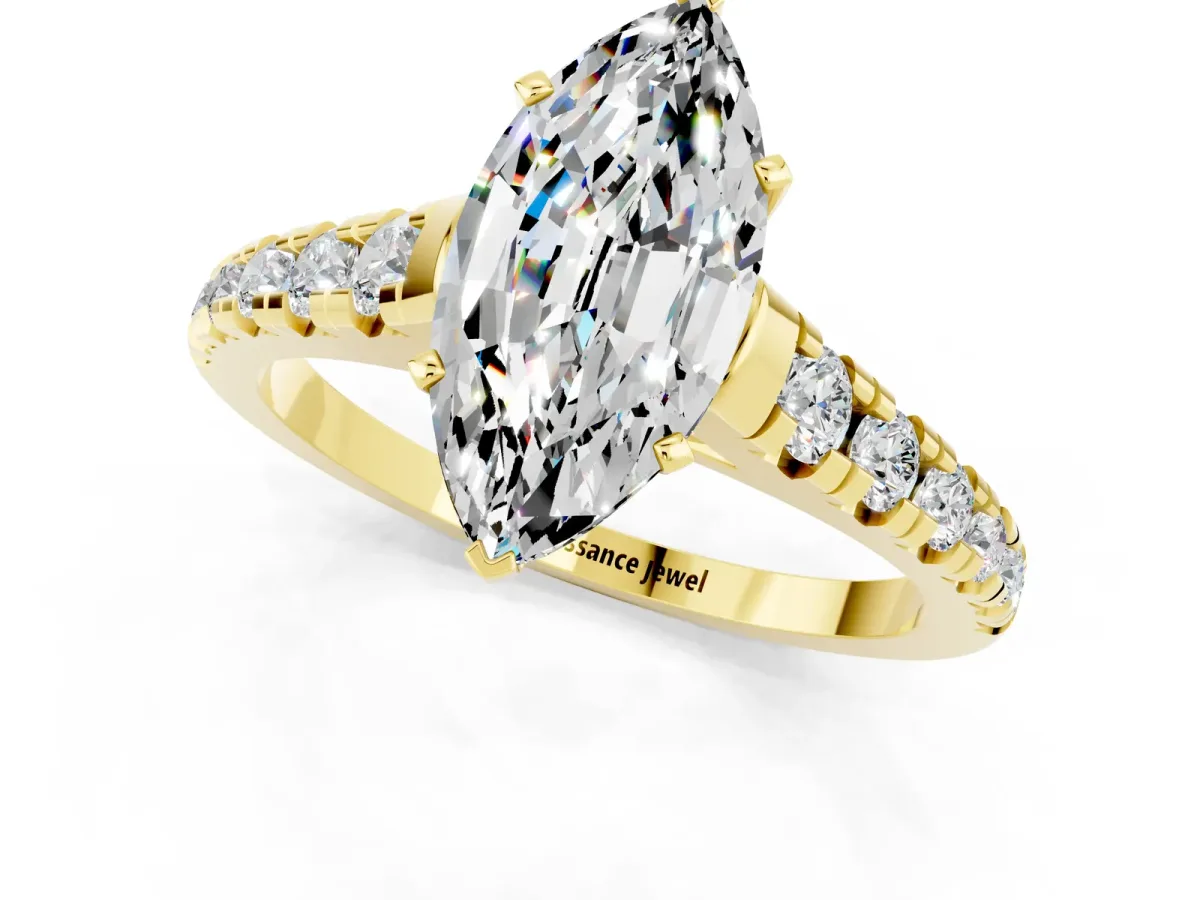 Marquise Cut Moissanite Cathedral Solitaire Ring with Round Pavé Band Yellow gold