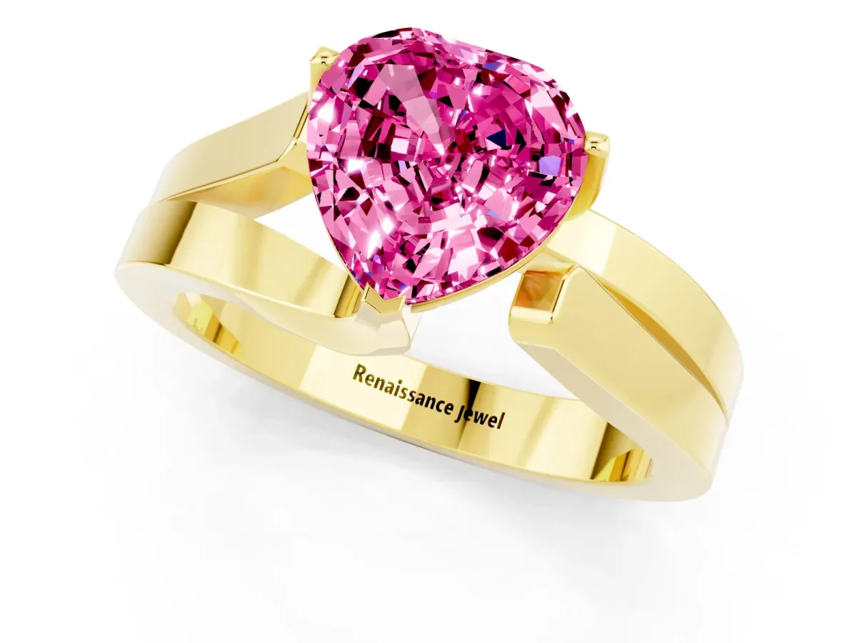 Modern Tension Set Heart Cut Pink Sapphire Solitaire Wide Band Ring Yellow gold