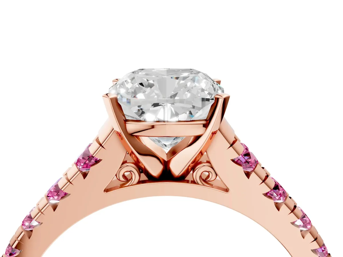 Cushion Cut Diamond Cathedral Solitaire Ring with Round Pink Sapphire Pavé Band Rose gold
