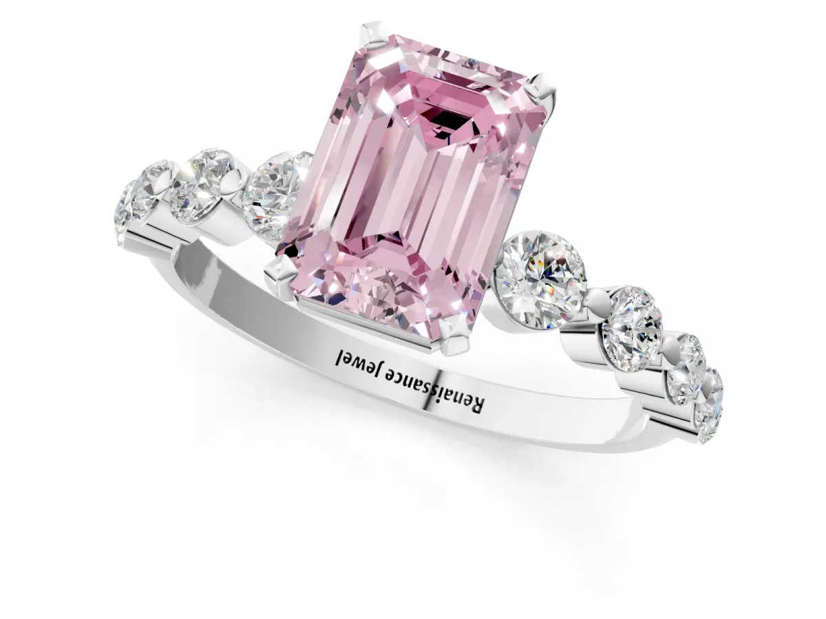 Fancy Pink Emerald Cut Solitaire Diamond Ring with Pave Band and Four-Prong Setting Silver