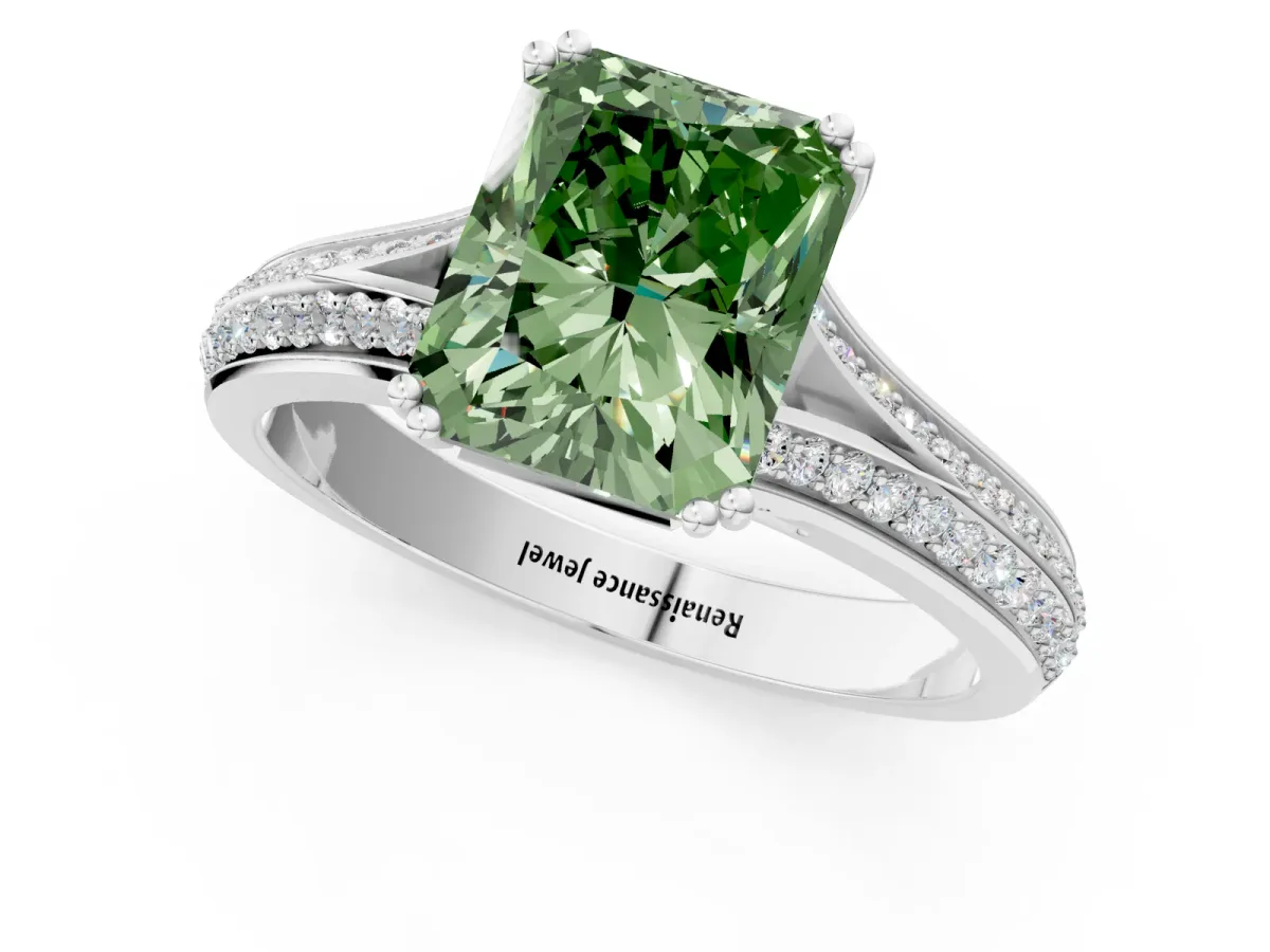 Fancy Green Radiant Cut Diamond Split Shank Engagement Ring with Pavé Band Platinum