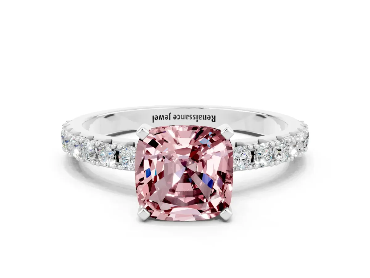 Cushion Cut Morganite Solitaire Pavé Band with Four-Prong Setting Platinum