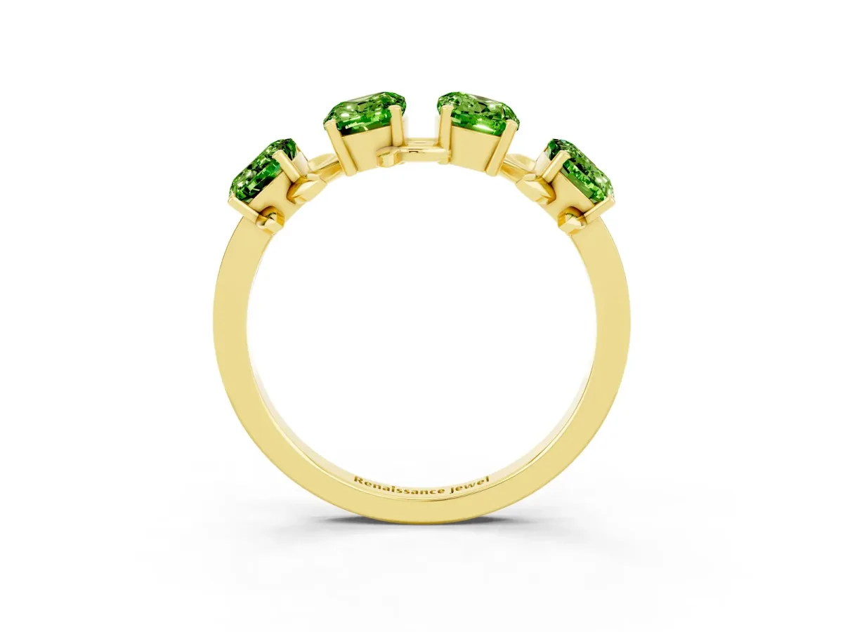 Four-Stone Elongated Cushion Peridot Band with Nature-Inspired Prong Setting Yellow gold