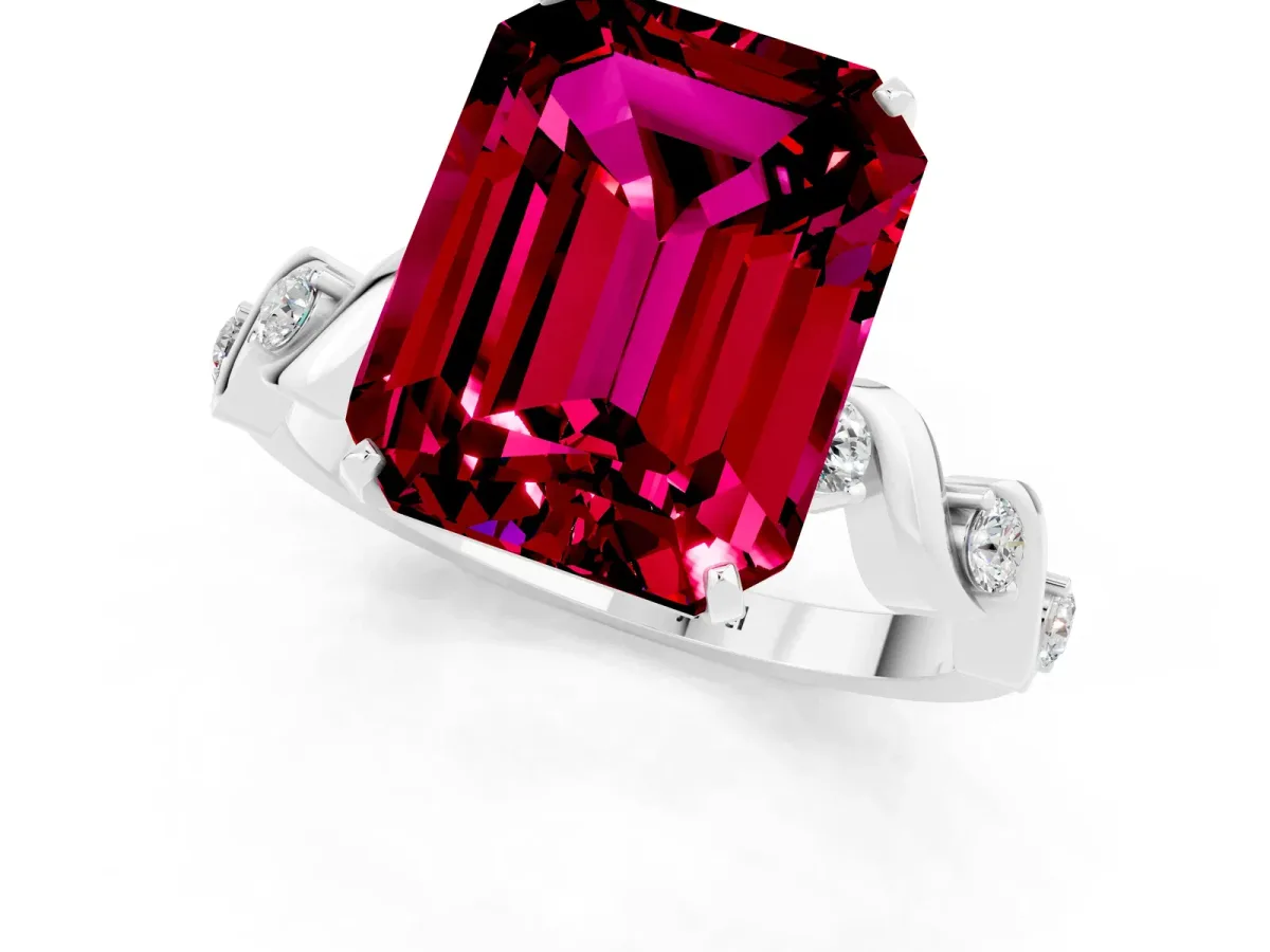 Emerald Cut Garnet Solitaire Twisted Band with Round Accents and Prong Setting Silver