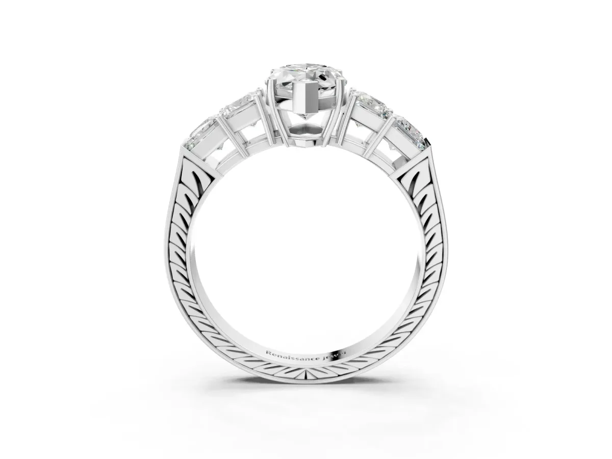 Marquise Cut Solitaire Princess Side Stone Engraved Band Prong Setting Ring Platinum