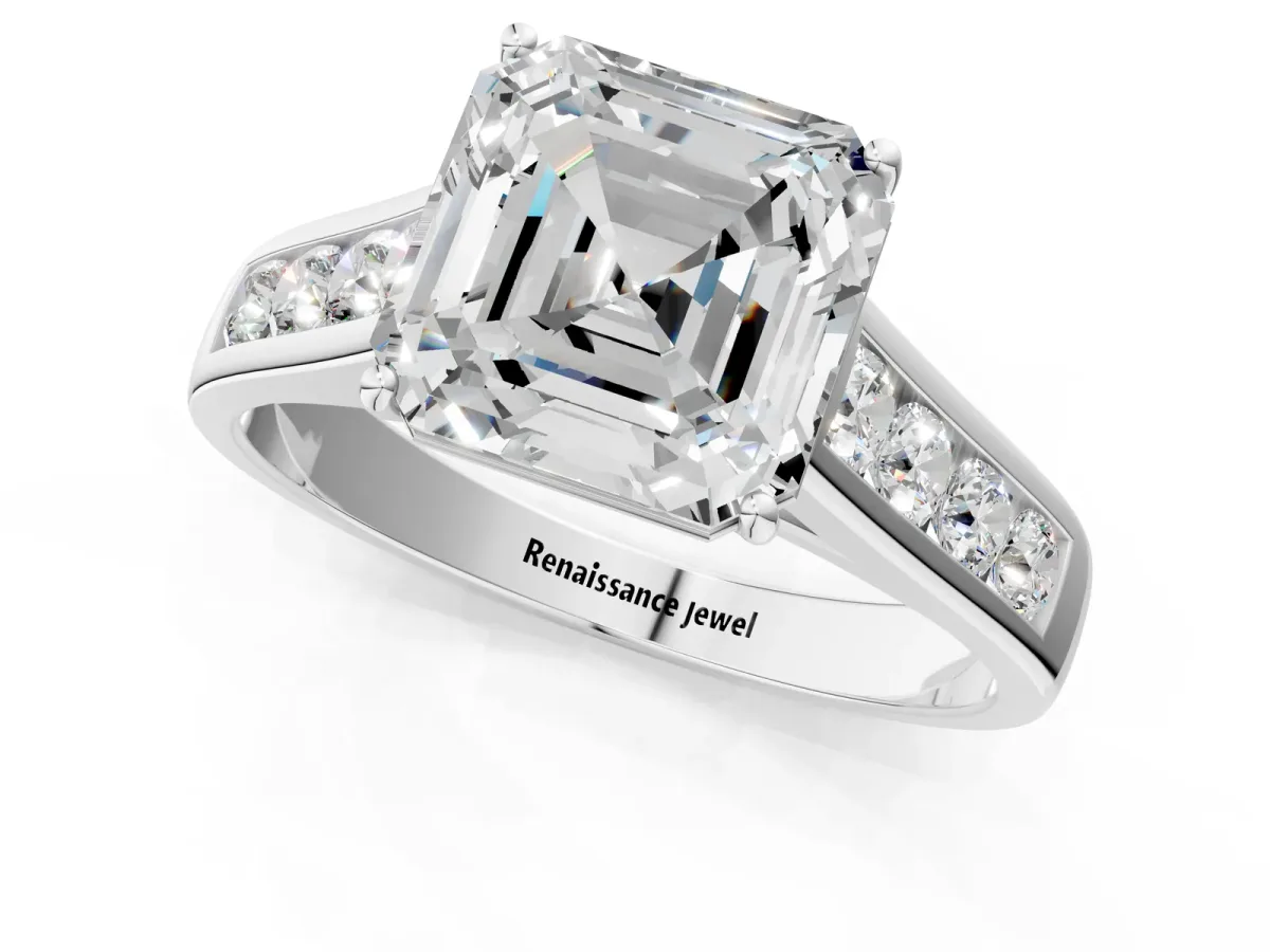 Asscher Cut Brilliant Channel-Set Solitaire Ring with Four-Prong Setting Platinum