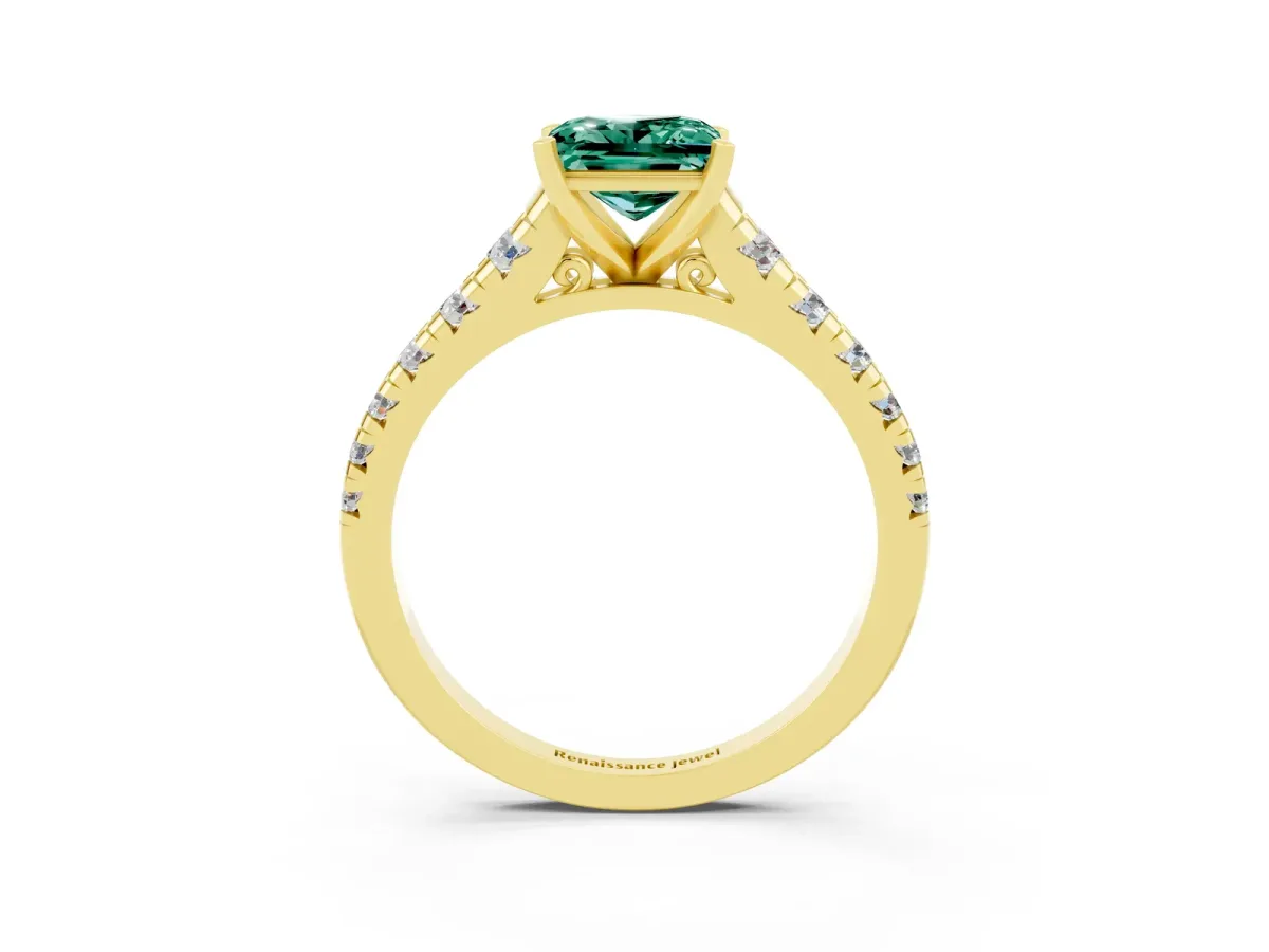 Princess Cut Green Sapphire Cathedral Solitaire Ring with Round Pavé Band Yellow gold