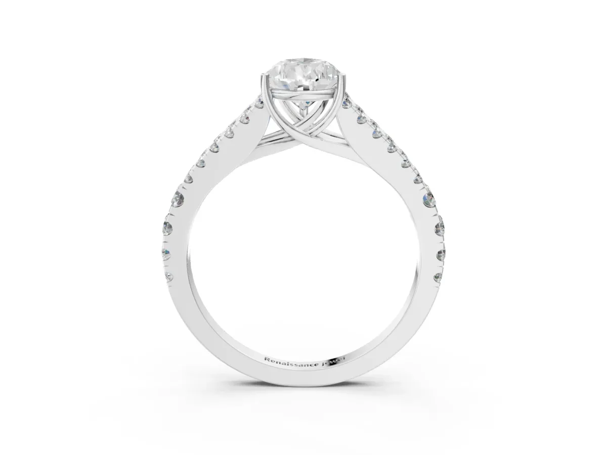 Pear Cut Diamond Split Shank Engagement Ring with Round Pavé and Prong Setting Platinum