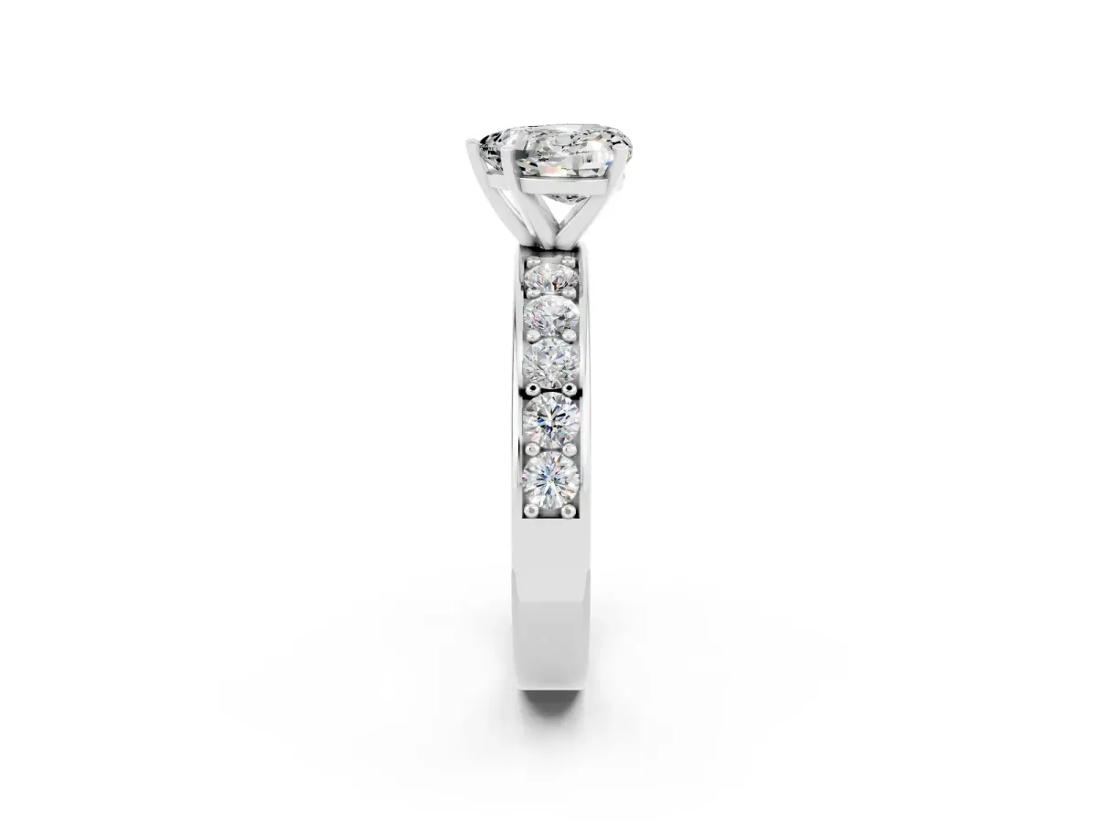 Heart Cut Moissanite Engagement Ring with Channel Set Round Band and Prong Setting White gold