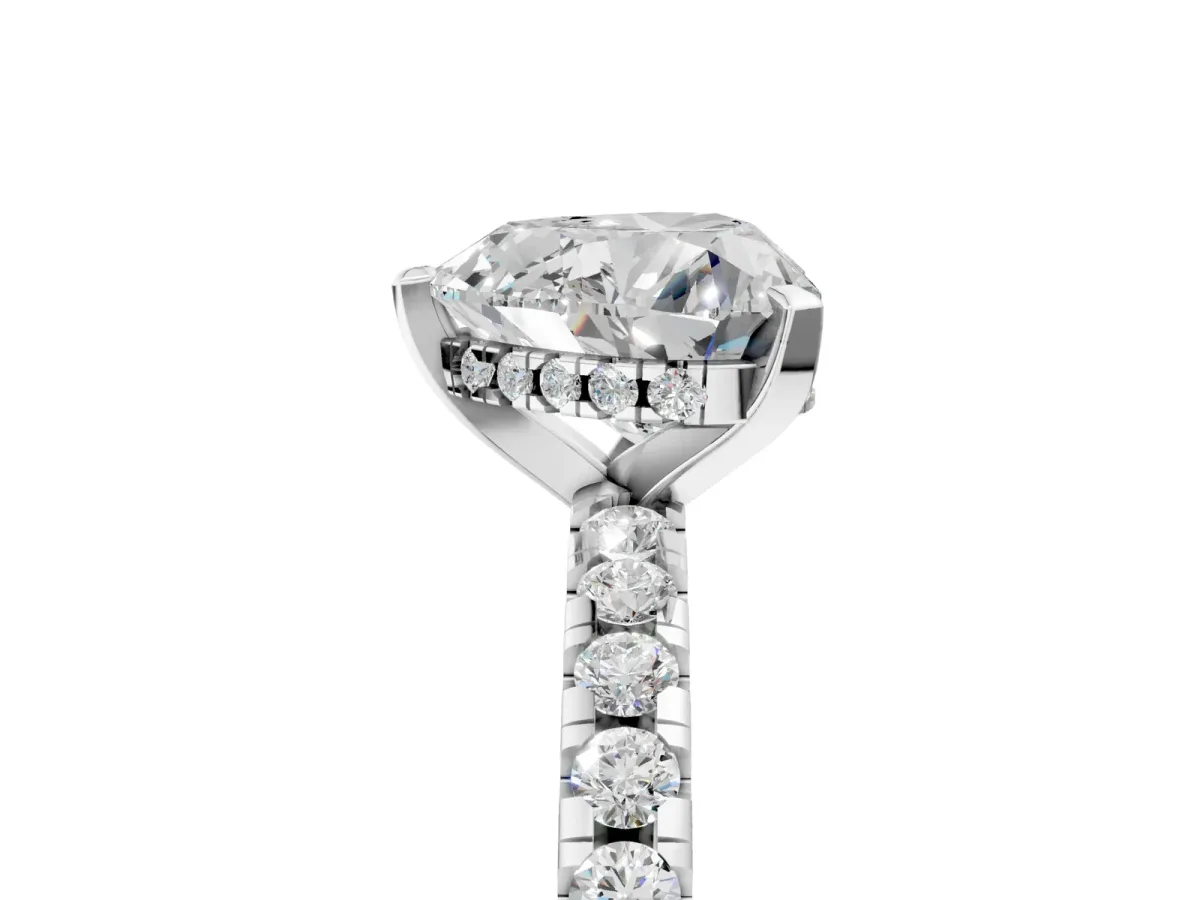 Heart Cut Diamond Solitaire Ring with Round Moissanite Pavé Band and Four-Prong Setting White gold