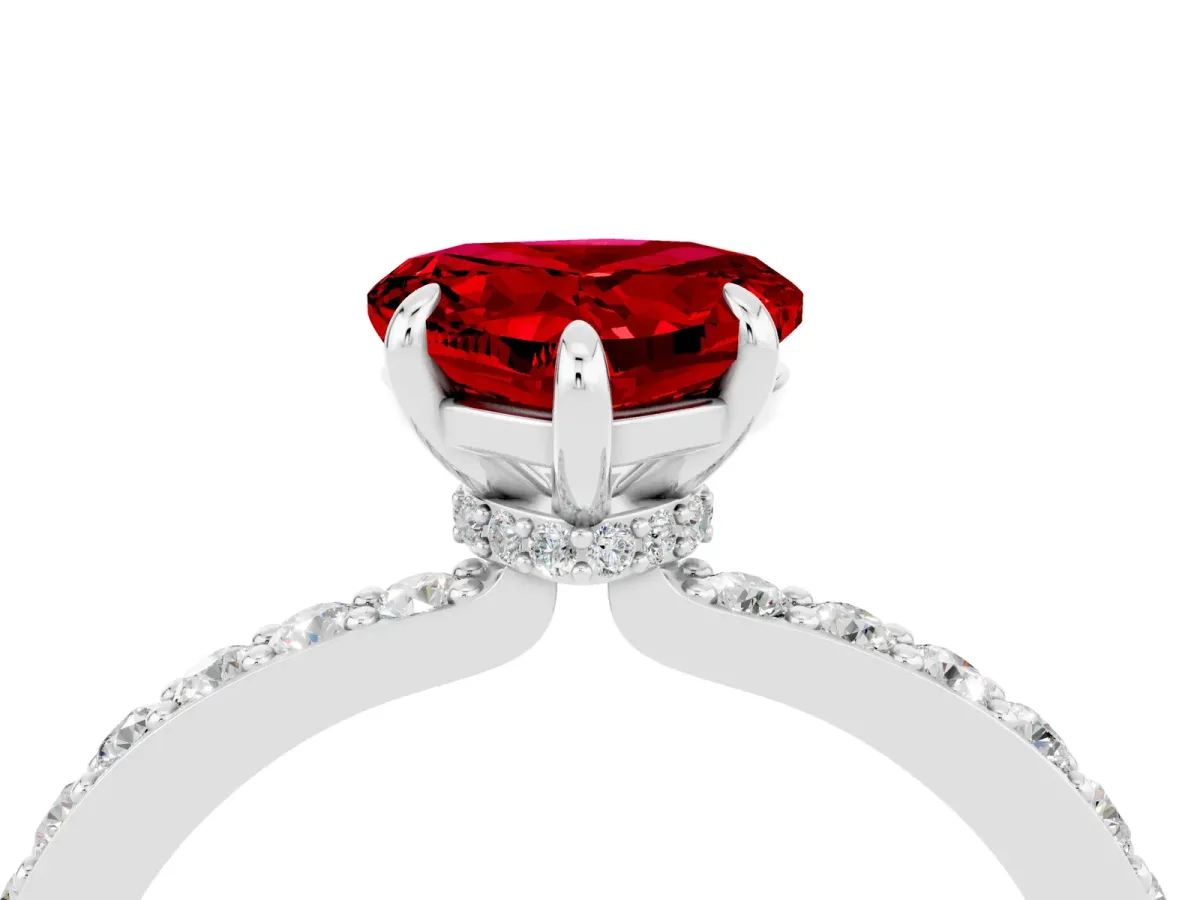 Heart Cut Ruby Pavé Engagement Ring with Round Accents and Prong Setting Silver