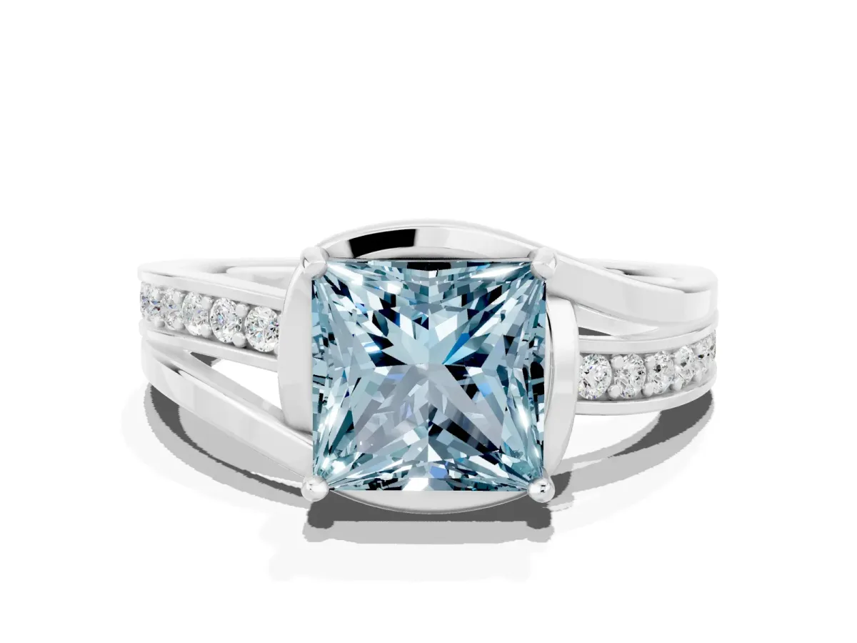 Princess Cut Aquamarine Solitaire Ring with Split Shank and Prong Setting Platinum