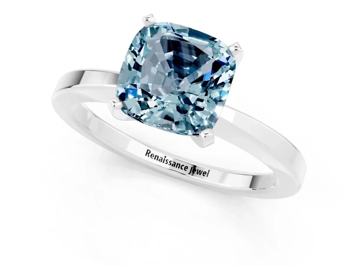 Cushion Cut Aquamarine Solitaire Engagement Ring with Classic Band and Four-Prong Setting White gold