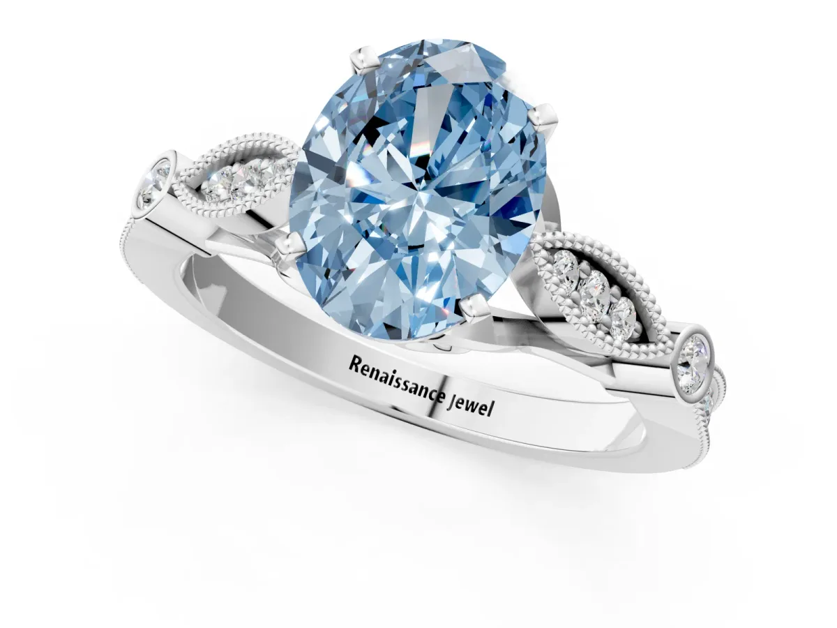 Fancy Blue Oval Cut Cut Diamond with Milgrain Marquise and Bezel Accents on a Solitaire Band with Prong Setting Silver
