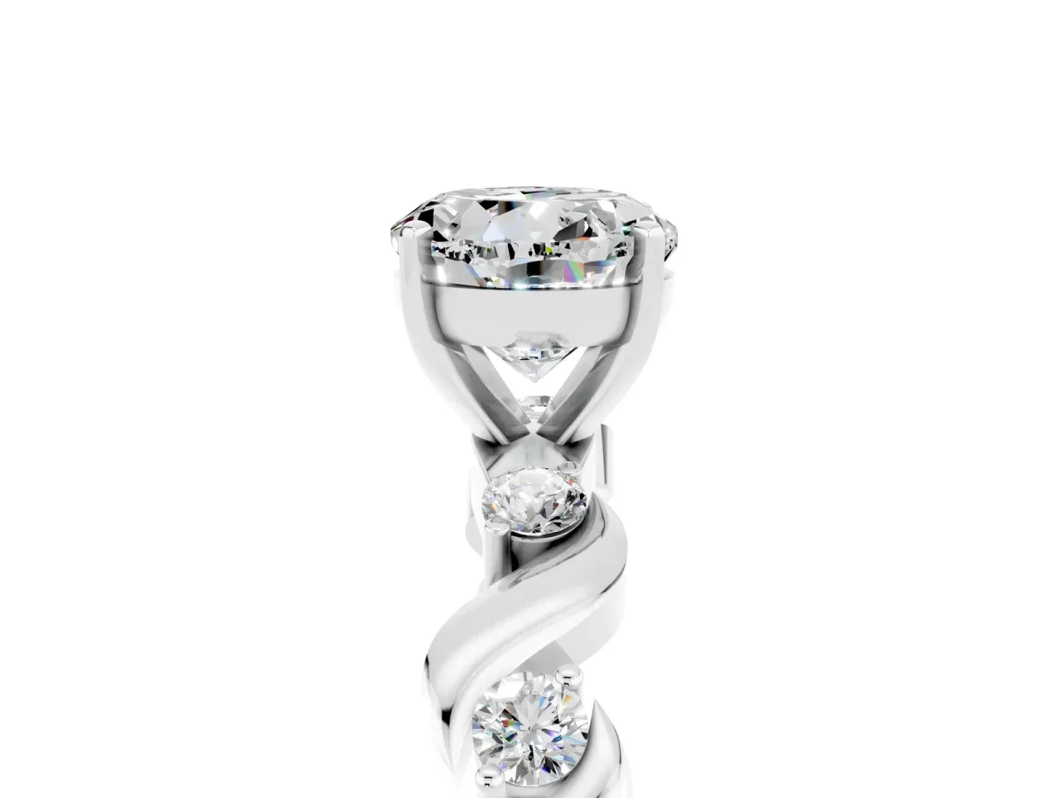 Round Cut Moissanite Solitaire Twisted Band with Round Accents and Prong Setting White gold