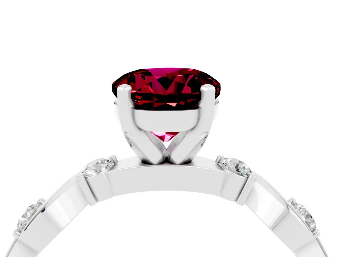 Round Cut Garnet Solitaire Twisted Band with Round Accents and Prong Setting Silver