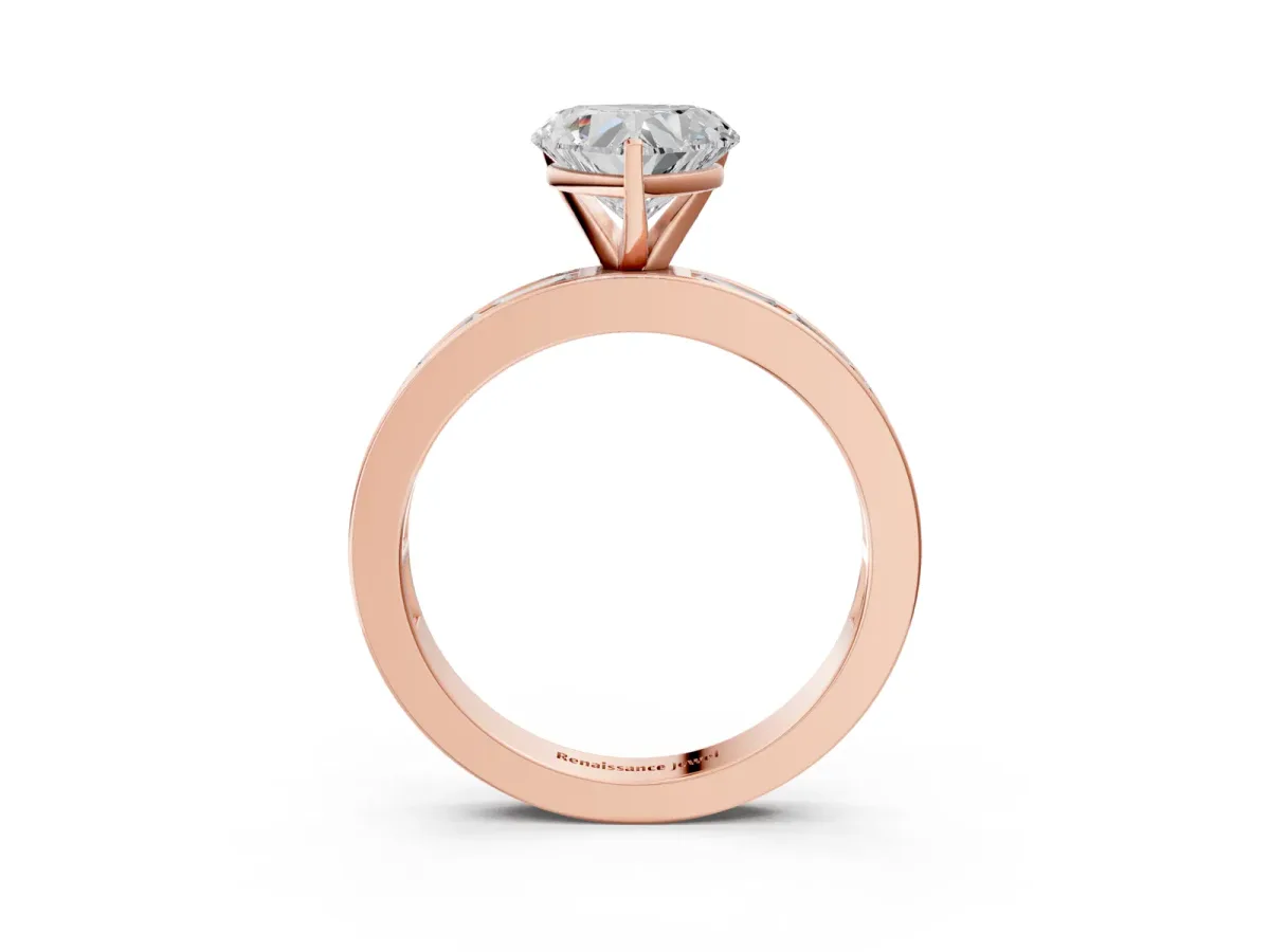 Heart Cut Solitaire Diamond Ring with Channel-Set Baguette Band and Four-Prong Setting Rose gold