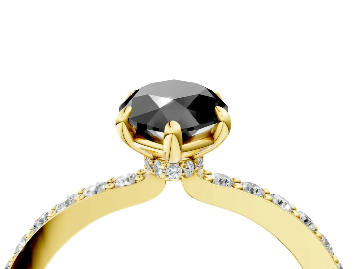 Fancy Black Marquise Cut Diamond Solitaire Engagement Ring with Pavé Band and Four-Prong Setting Yellow gold
