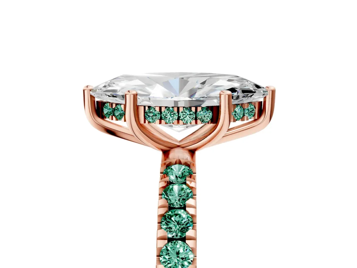 Marquise Cut Diamond Pave Band Solitaire Ring with Round Green Sapphire and Prong Setting Rose gold