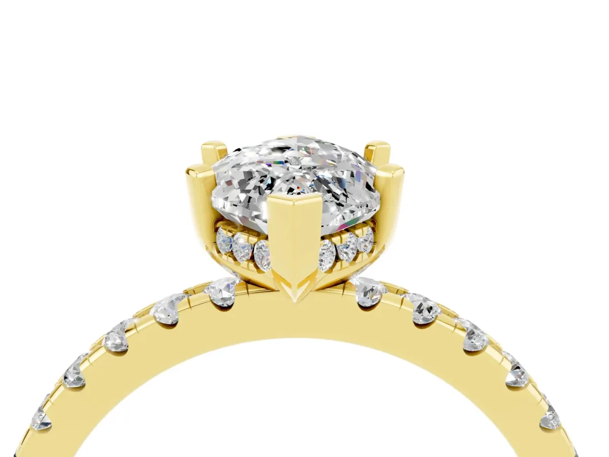 Marquise Cut Moissanite Solitaire Ring with Round Pavé Band and Four-Prong Setting Yellow gold