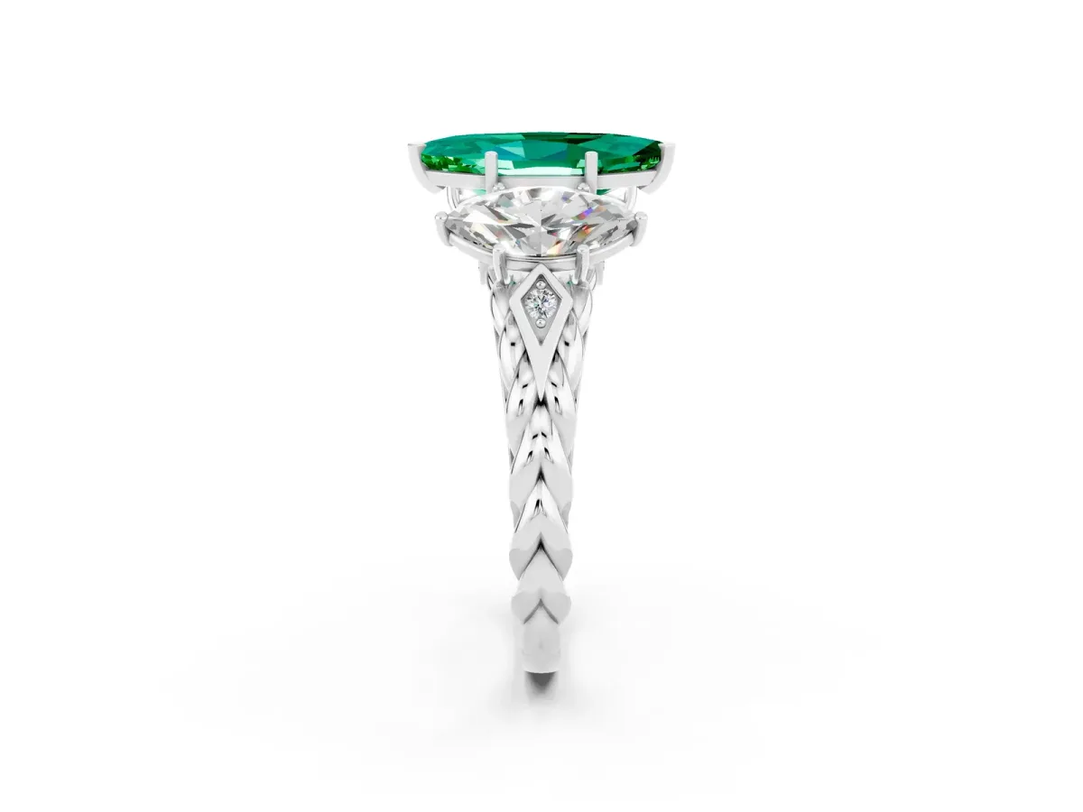 Three-Stone Marquise Cut Emerald Braided Band Ring with Four-Prong Setting White gold