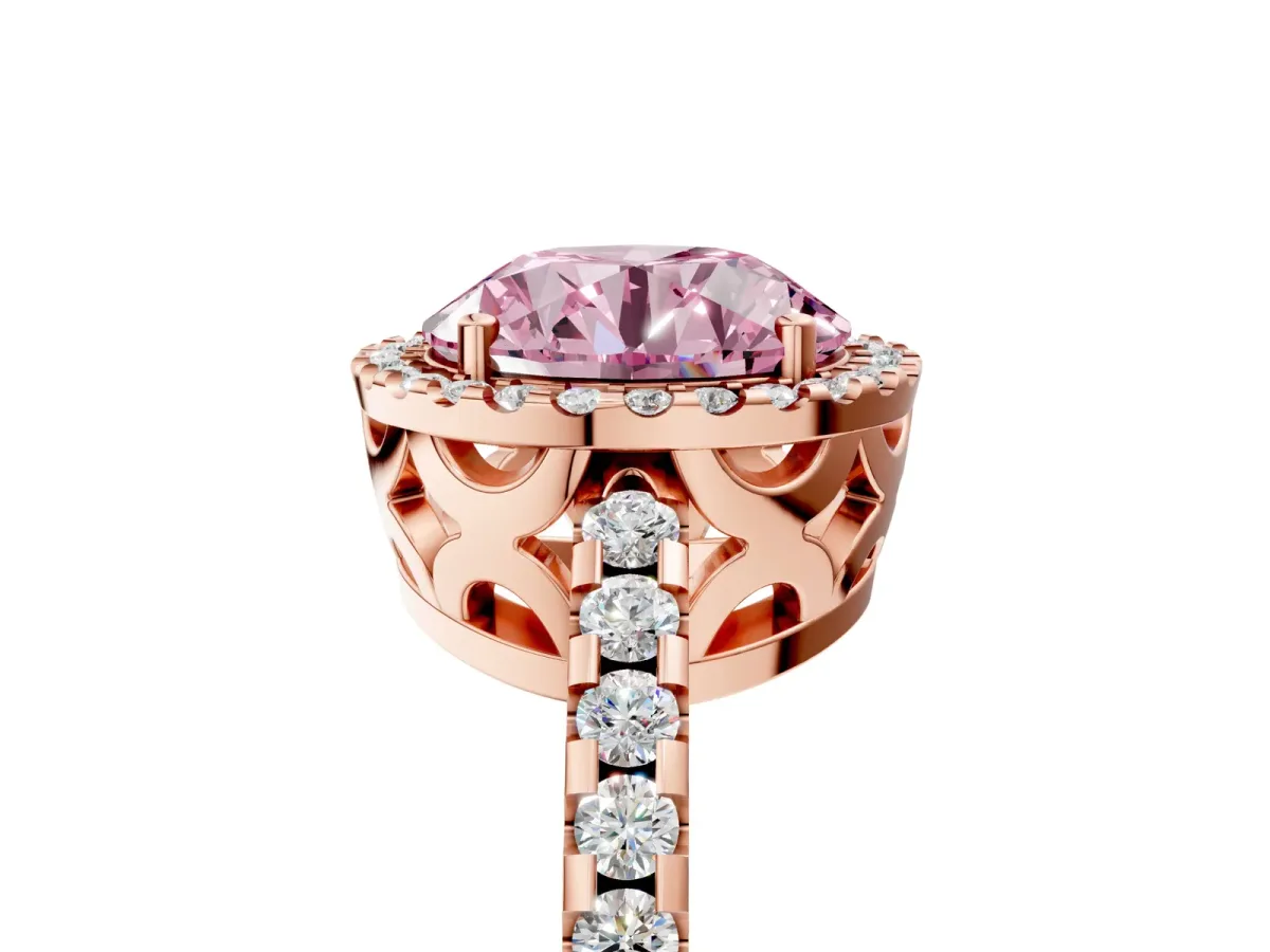 Fancy Pink Round Cut Diamond Halo Engagement Ring with Pavé Band and Prong Setting Rose gold