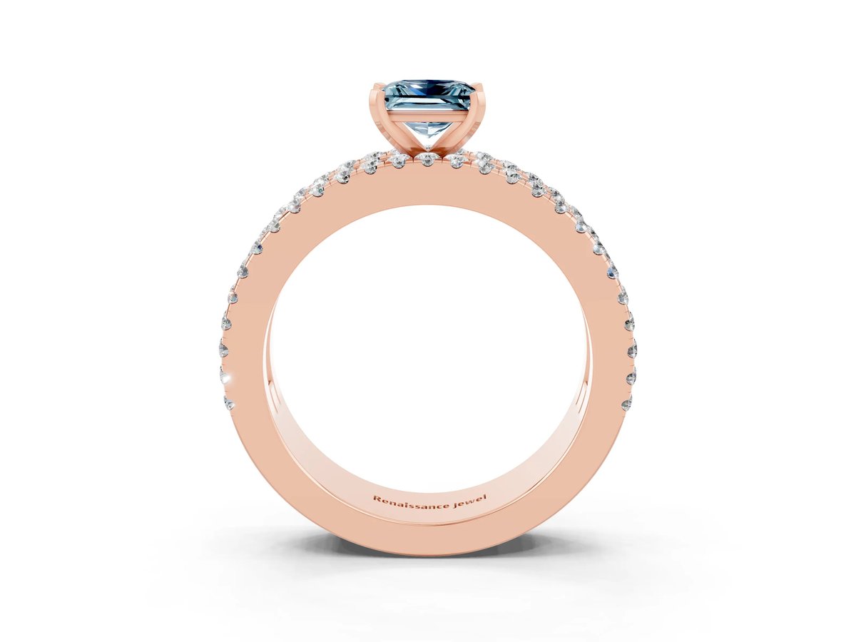 Princess Cut Aquamarine Solitaire Ring with Pavé and Channel Set Band Rose gold