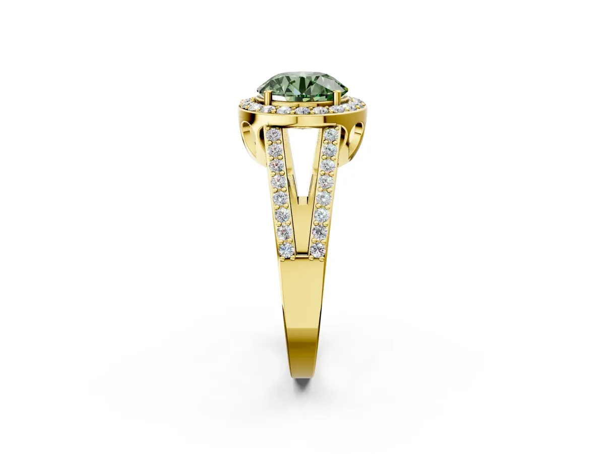 Fancy Green Round Cut Diamond Halo Ring with Split Shank U-Prong Band and Four-Prong Setting Yellow gold