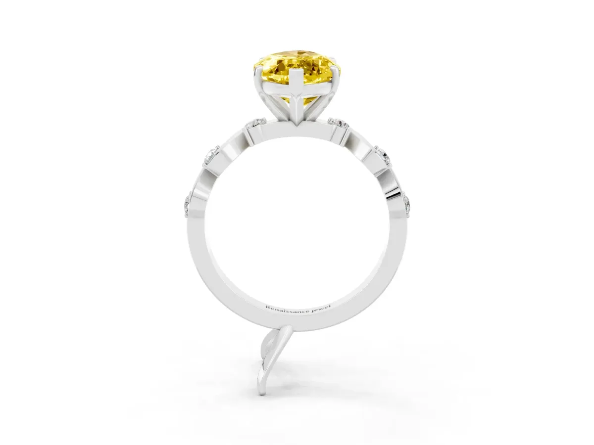 Marquise Cut Yellow Sapphire Solitaire Twisted Band with Round Accents and Prong Setting Platinum