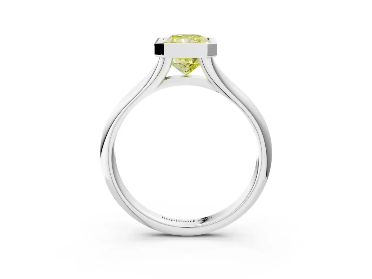 Fancy Yellow Bezel Set Radiant Cut Solitaire Diamond Ring with Smooth Band Platinum